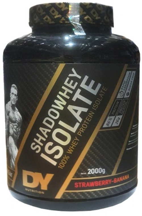 Black and gold container of Dorian Yates DY Nutrition Shadowhey Isolate, 2kg, featuring a strawberry-banana flavor label and a muscular figure graphic on the front.