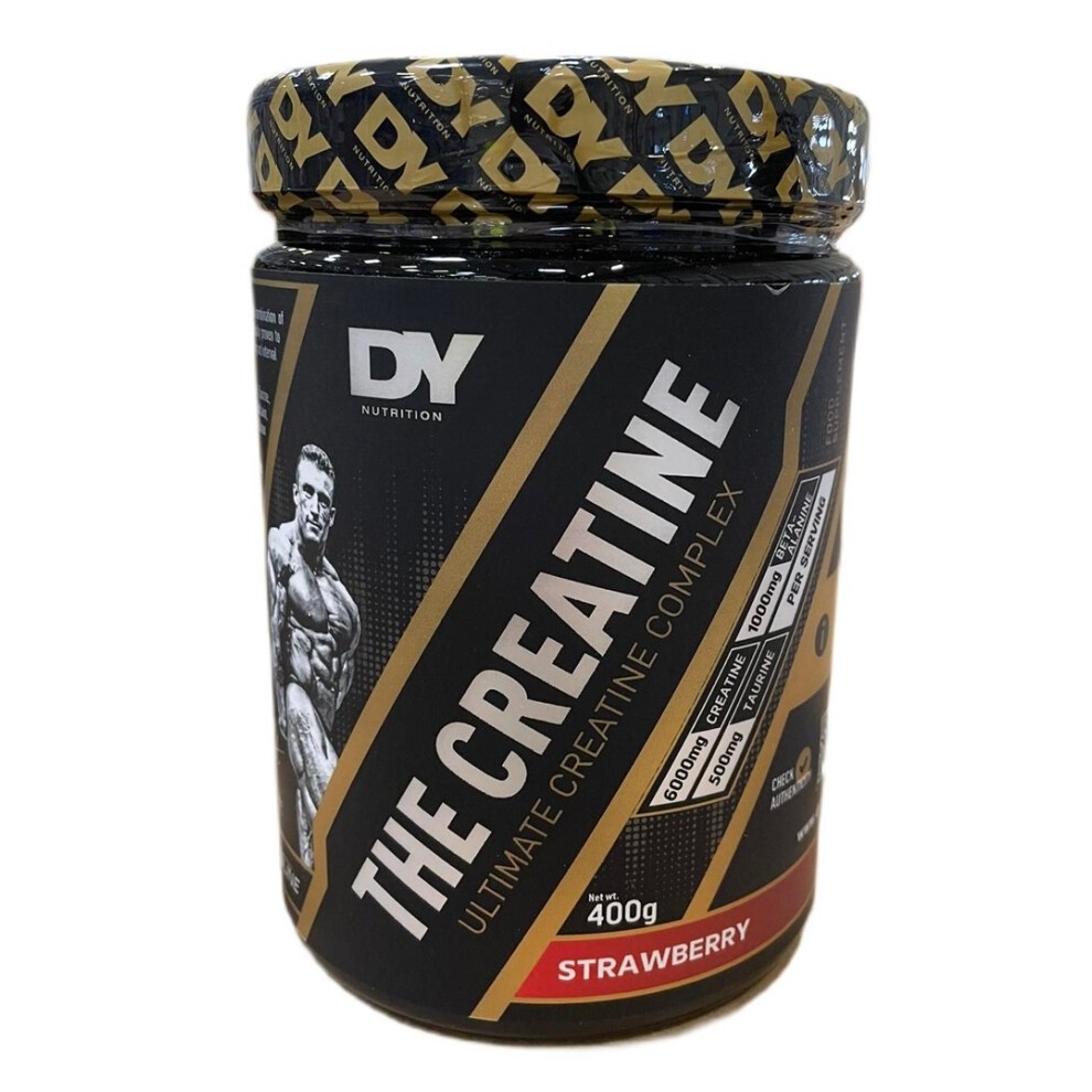 Black container with gold accents, featuring "THE CREATINE" in bold white letters, strawberry flavor, 400g, and Dorian Yates branding on the front.