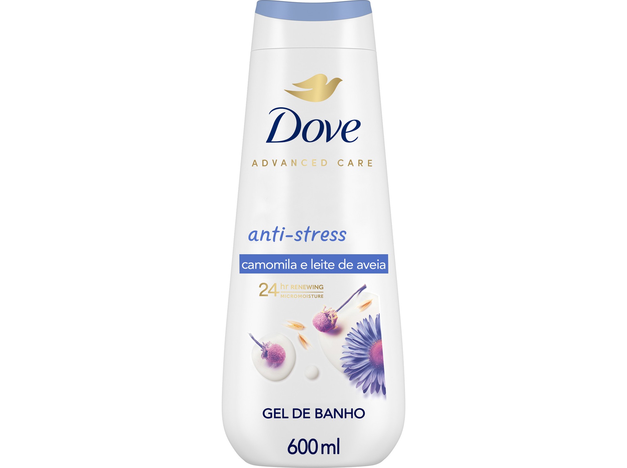 White bottle of Dove Advanced Anti-Stress gel bath, featuring a blue cap, with floral illustrations and text highlighting chamomile and oat milk, 600ml size.