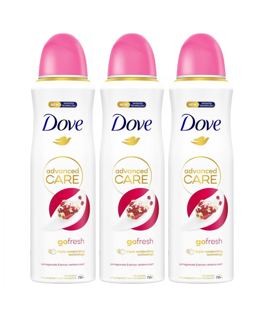 Three white aerosol cans of Dove Antiperspirant Deodorant, featuring pink caps, labeled "Pomegranate & Lemon Verbena" and "Advanced Care," each 200ml.