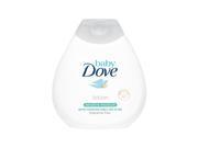 White, teardrop-shaped bottle of Dove Baby Sensitive Skin Fragrance Free Moisture Lotion, featuring a light blue logo and a flip-top cap, with a capacity of 200ml.