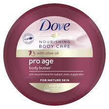 Maroon circular container of Dove Pro Age Nourishing Body Butter, featuring olive oil, labeled for mature skin, with a capacity of 3x250ml.