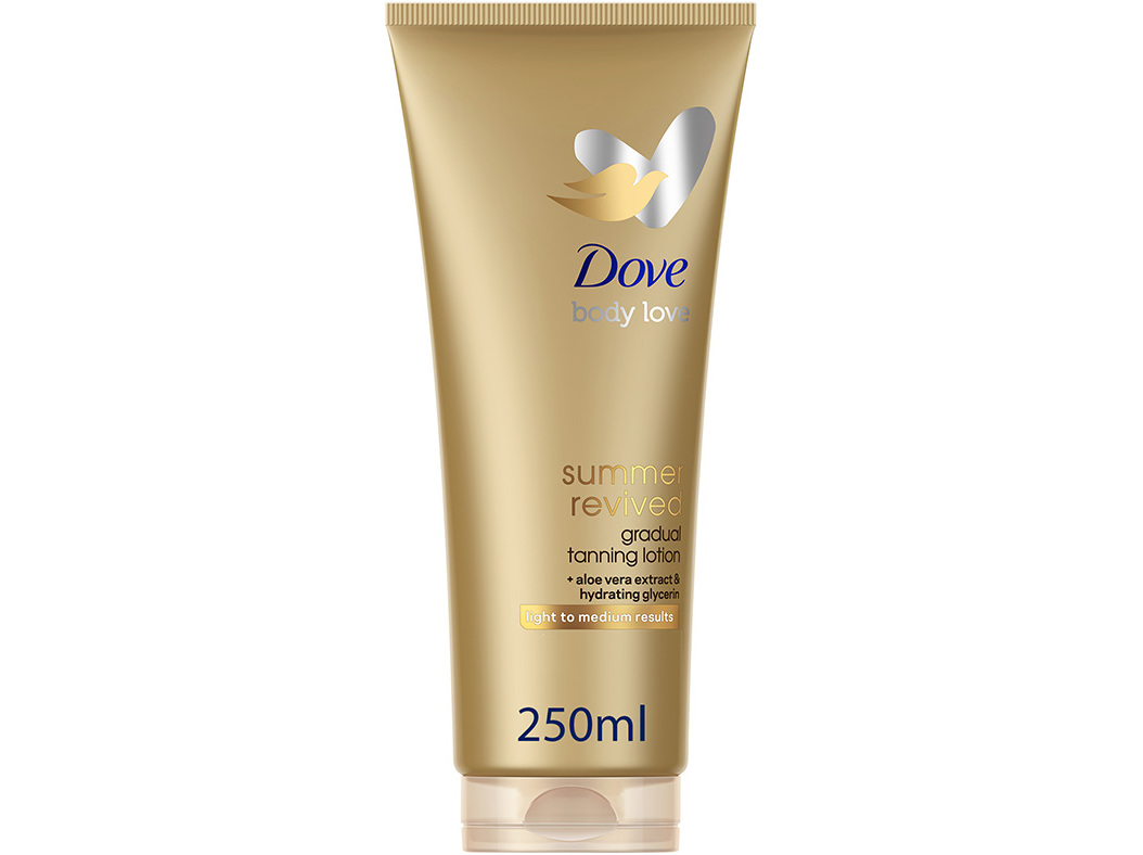 Gold tube of Dove Summer Revived Clear lotion, featuring a blue logo and text, with a sleek design and a flip-top cap, labeled as a gradual tanning lotion for light to medium results.