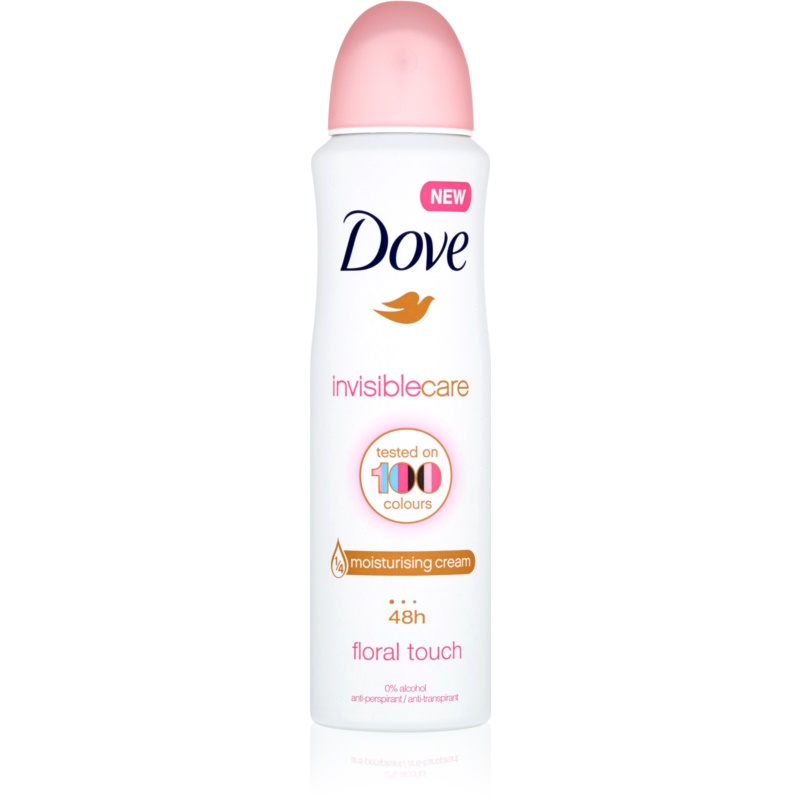 White spray can with a pink cap, featuring the Dove logo, "Invisible Care" label, and "Floral Touch" text, designed for 48-hour protection and containing moisturizing cream.