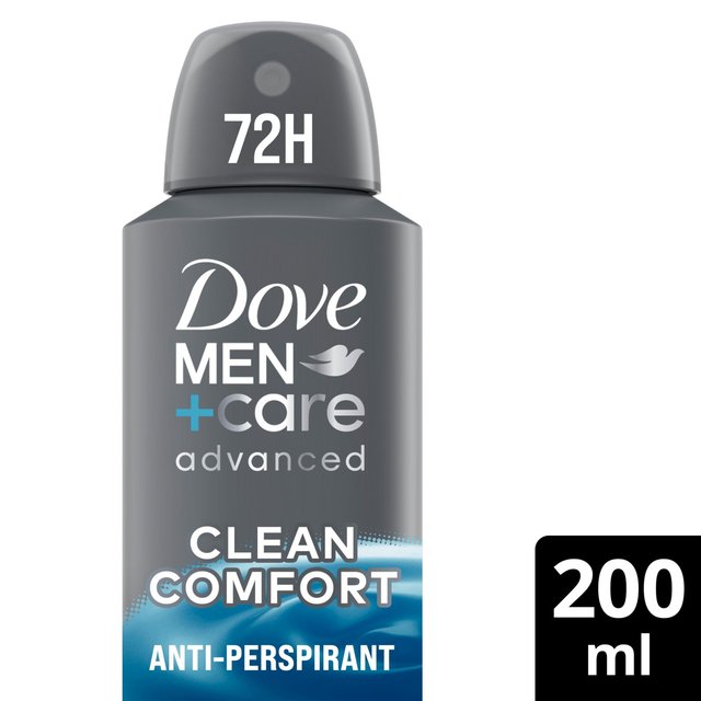 Grey aerosol can of Dove Men+Care Advanced Clean Comfort deodorant, featuring a blue wave design, labeled with "72H" and "200 ml" for anti-perspirant protection.