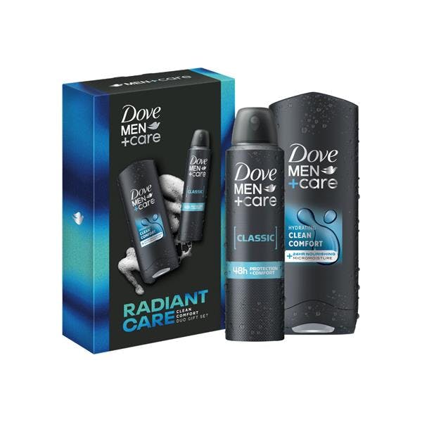 Dove Men Care Radiant Care Duo features a black box with blue accents, containing a deodorant and body wash, both in sleek black packaging labeled "Classic" and "Hydrating Clean Comfort."
