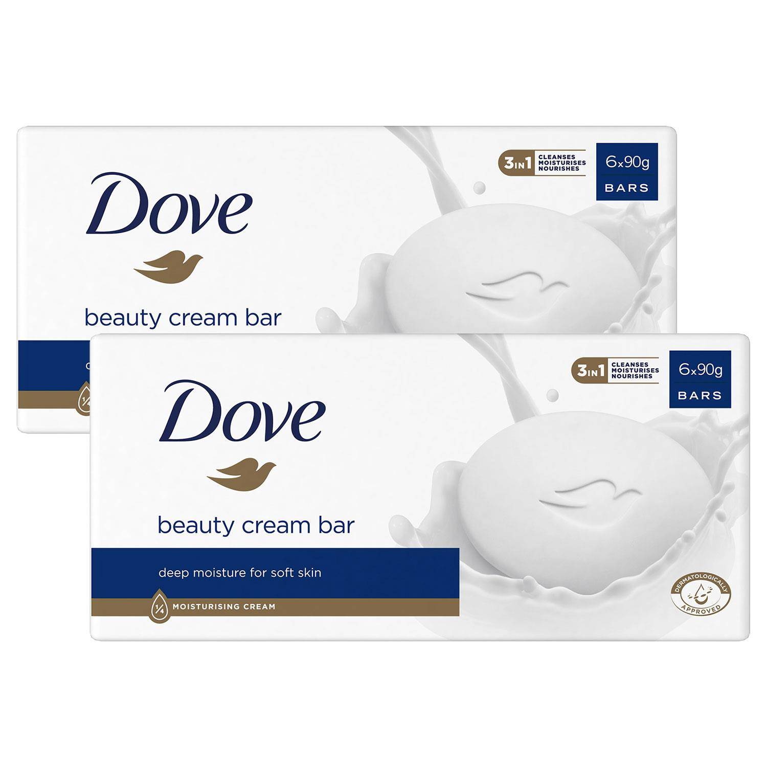 Dove Beauty Cream Bar Deep Moisture, 90g, 6-pack, featuring white bars with a smooth surface and embossed logo, packaged in a clean, minimalistic box.