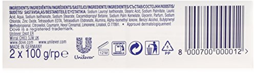 Dove Beauty Bar Original, featuring a white bar with a smooth texture, packaged in a blue and white box, labeled with ingredients and product details, totaling 2 x 100 grams.