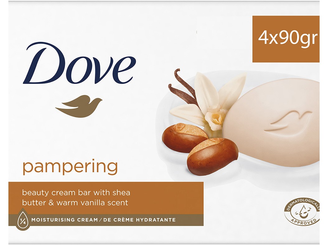 Dove solid soap pack featuring four 90g bars, with a creamy beige color, adorned with shea butter and vanilla scent descriptions, and a sleek dove logo.