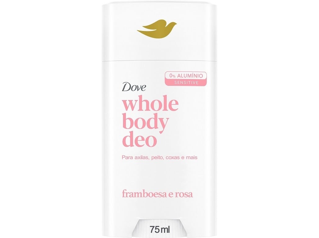 Dove Raspberry & Rose Deodorant Stick in a white container with a gold logo, featuring pink text and a 75 ml capacity, designed for sensitive skin.
