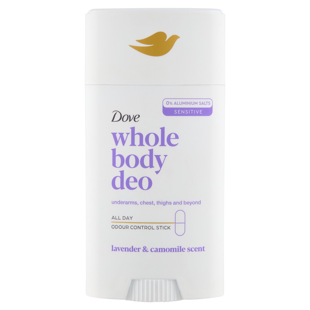 White stick deodorant with a lavender and chamomile scent, featuring a gold Dove logo and purple text, labeled "whole body deo" and "0% aluminum salts," in a 75 ml container.