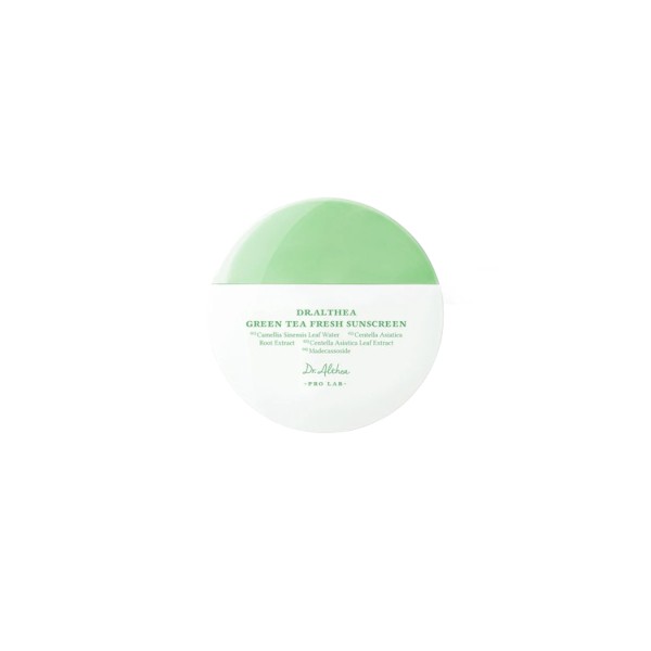 Dr.Althea Green Tea Fresh Sunscreen in a 45ml white and green container, featuring a smooth, rounded design with a green lid and clear labeling.
