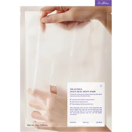 Transparent packaging featuring a hand holding a jelly sheet mask, with a white label detailing product benefits, on a light background.