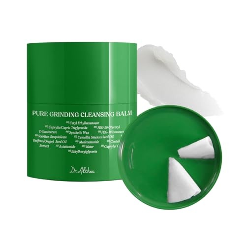 Green cylindrical container with a matching lid labeled "Pure Grinding Cleansing Balm" and a white balm visible inside, featuring a smooth, creamy texture.