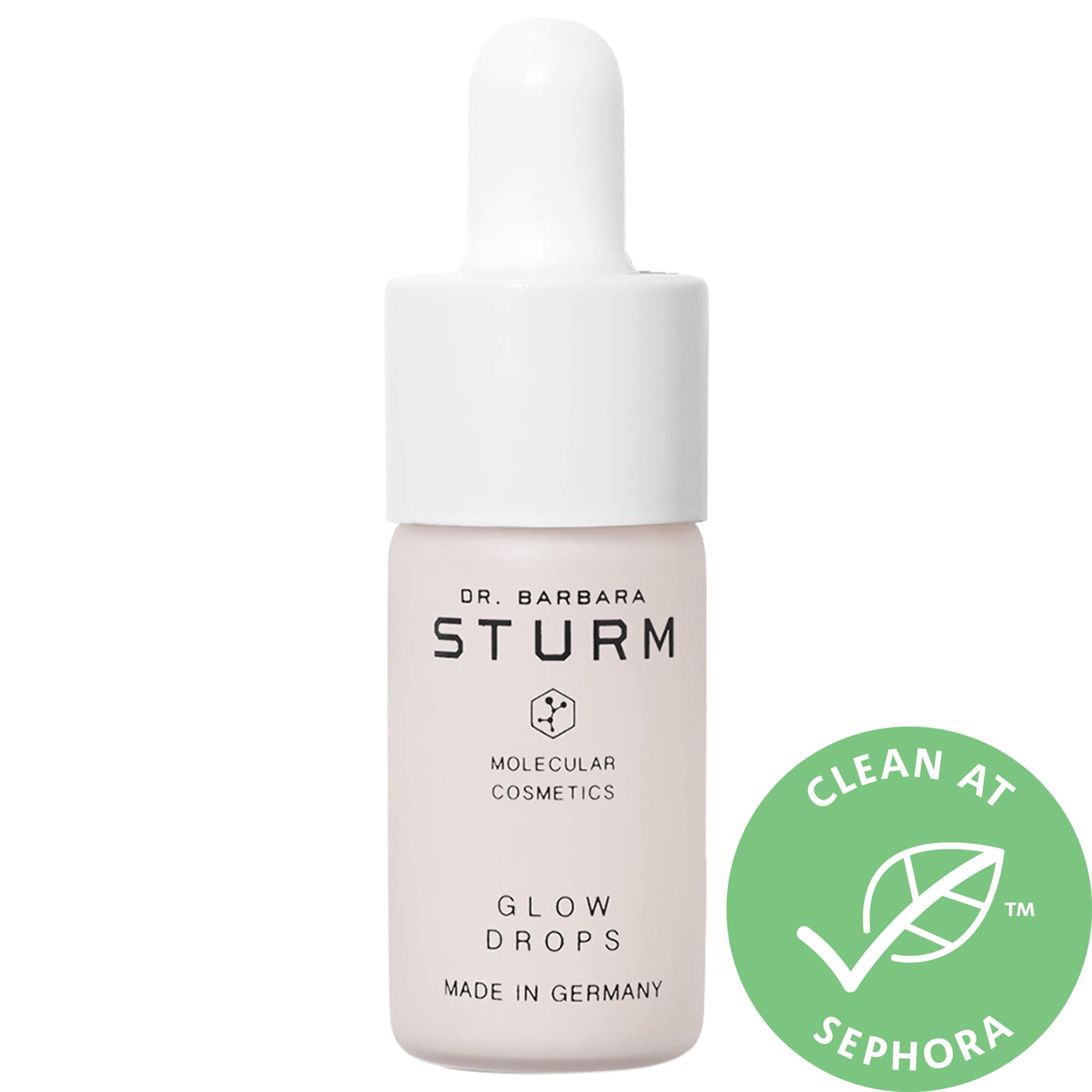 Light pink glass bottle with a white dropper cap, labeled "Dr. Barbara Sturm Glow Drops," featuring a green "Clean at Sephora" seal, emphasizing its clean beauty credentials.