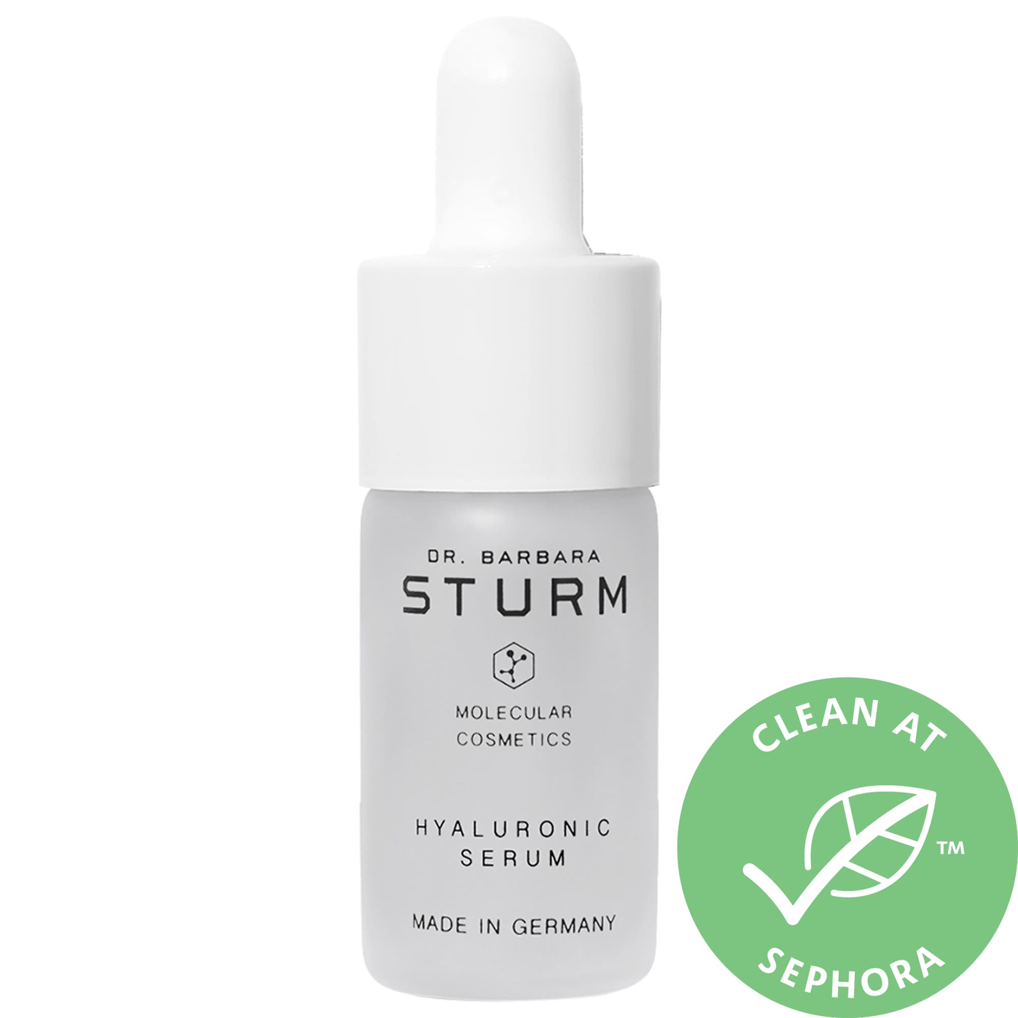 Clear glass bottle with a white dropper cap, labeled "Dr. Barbara Sturm Hyaluronic Serum," featuring a minimalist design and a green "Clean at Sephora" seal.