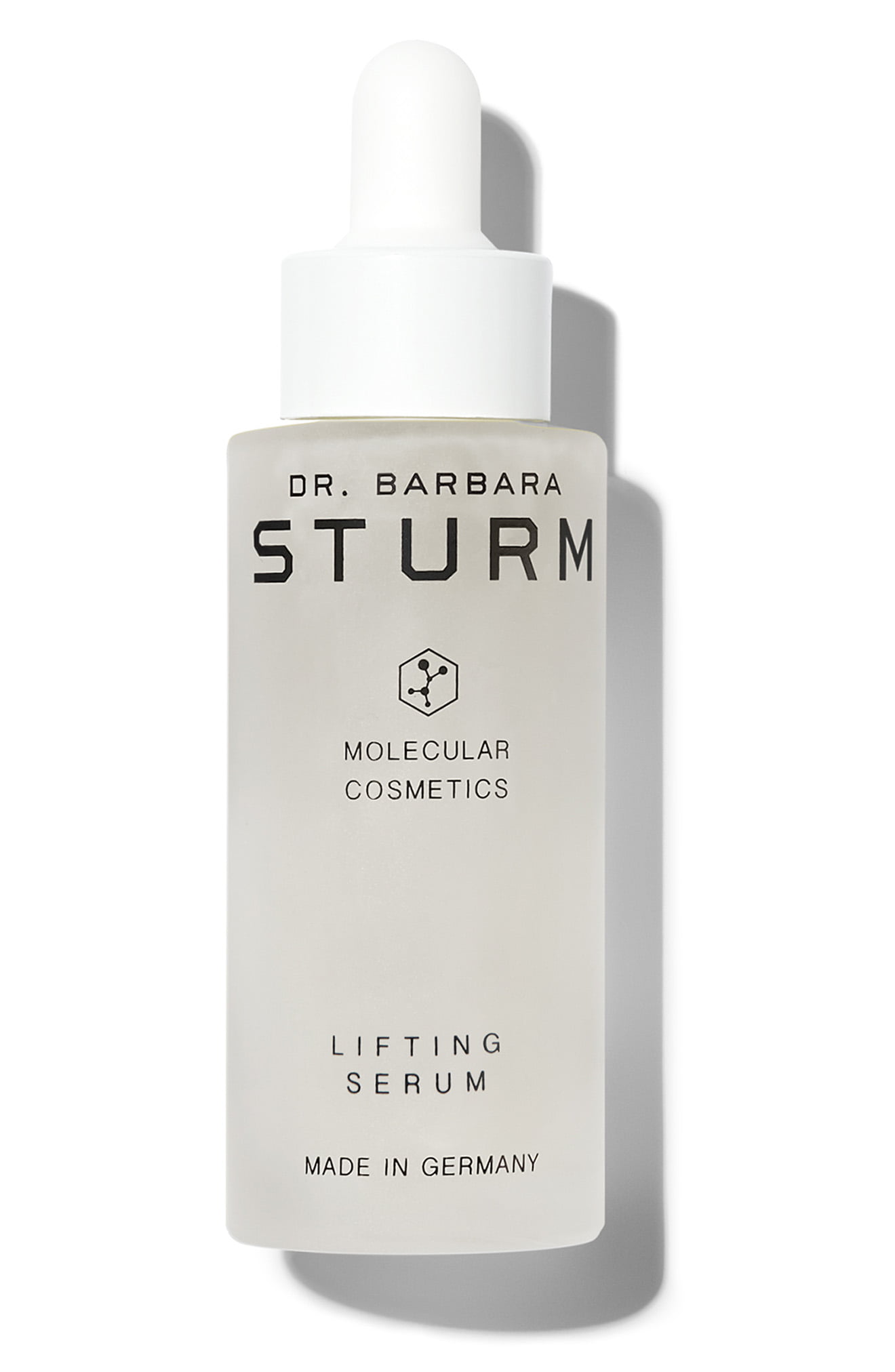 Clear glass bottle with a white dropper cap, labeled "Dr. Barbara Sturm Lifting Serum" in bold black text, featuring a minimalist design and a frosted finish.