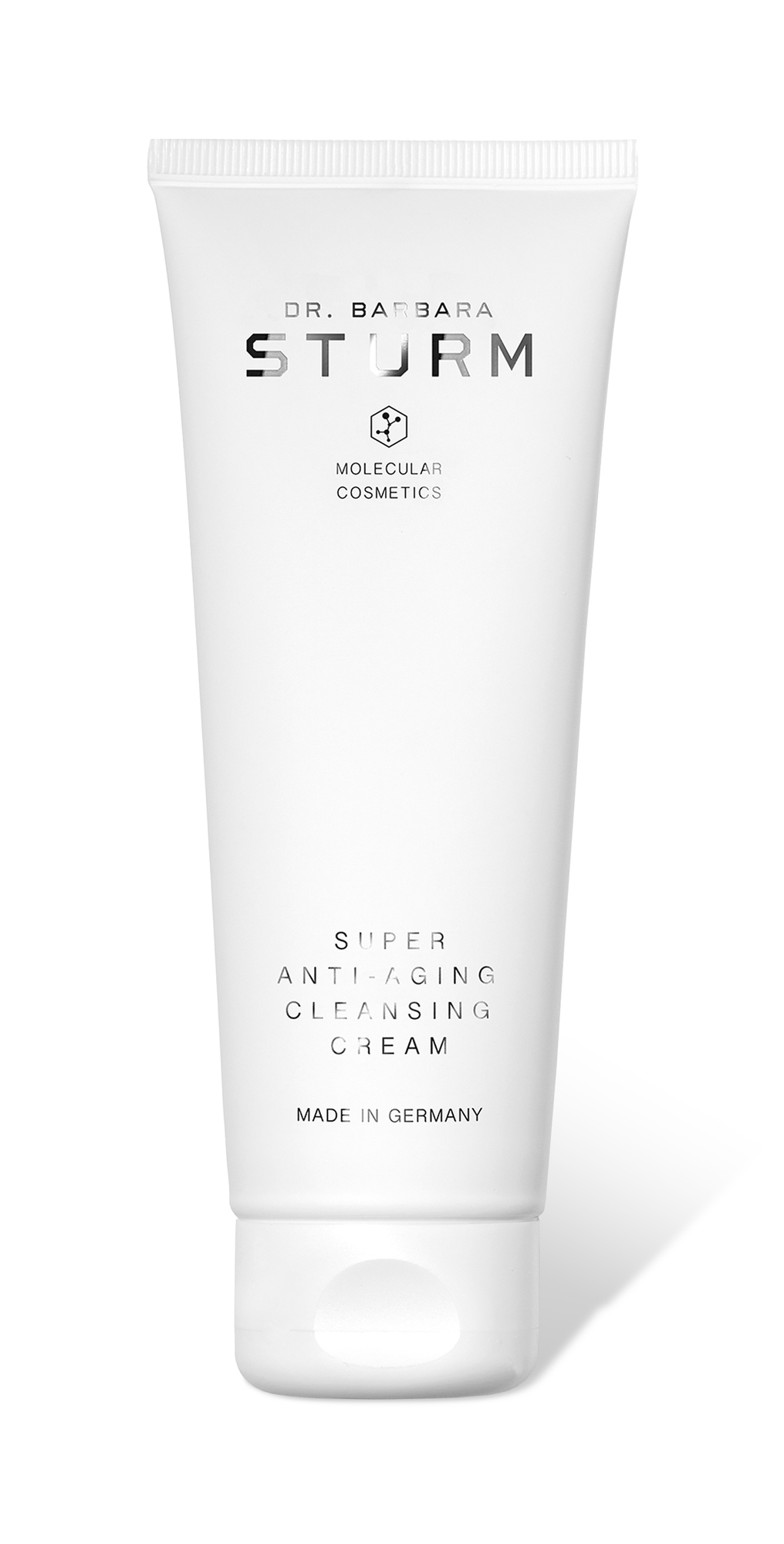 White tube featuring "DR. BARBARA STURM" and "SUPER ANTI-AGING CLEANSING CREAM" in sleek black text, with a minimalist design and a clear focus on luxury skincare.