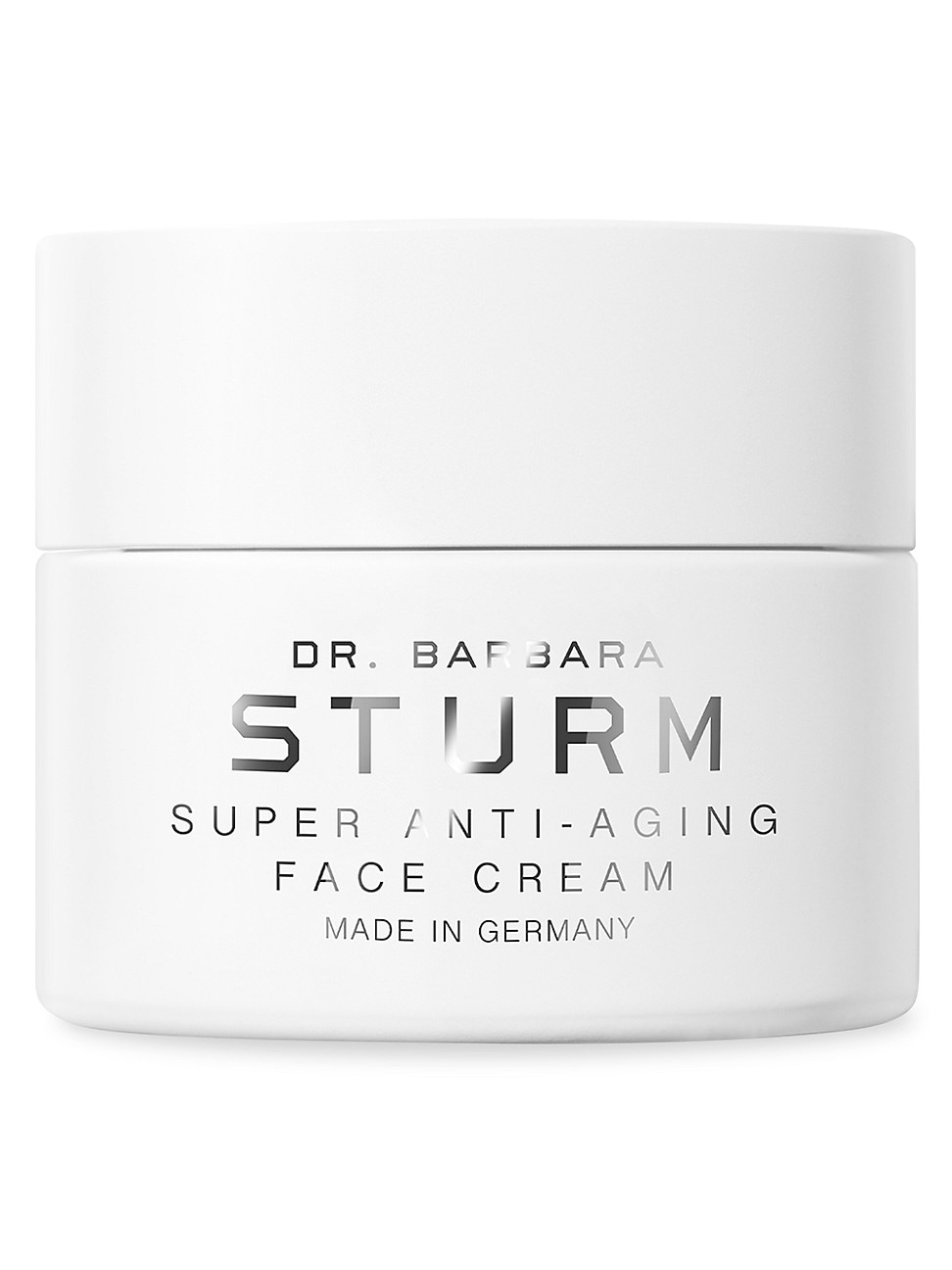 White jar with a sleek design, featuring silver text that reads "DR. BARBARA STURM SUPER ANTI-AGING FACE CREAM" and "MADE IN GERMANY," highlighting its premium quality.