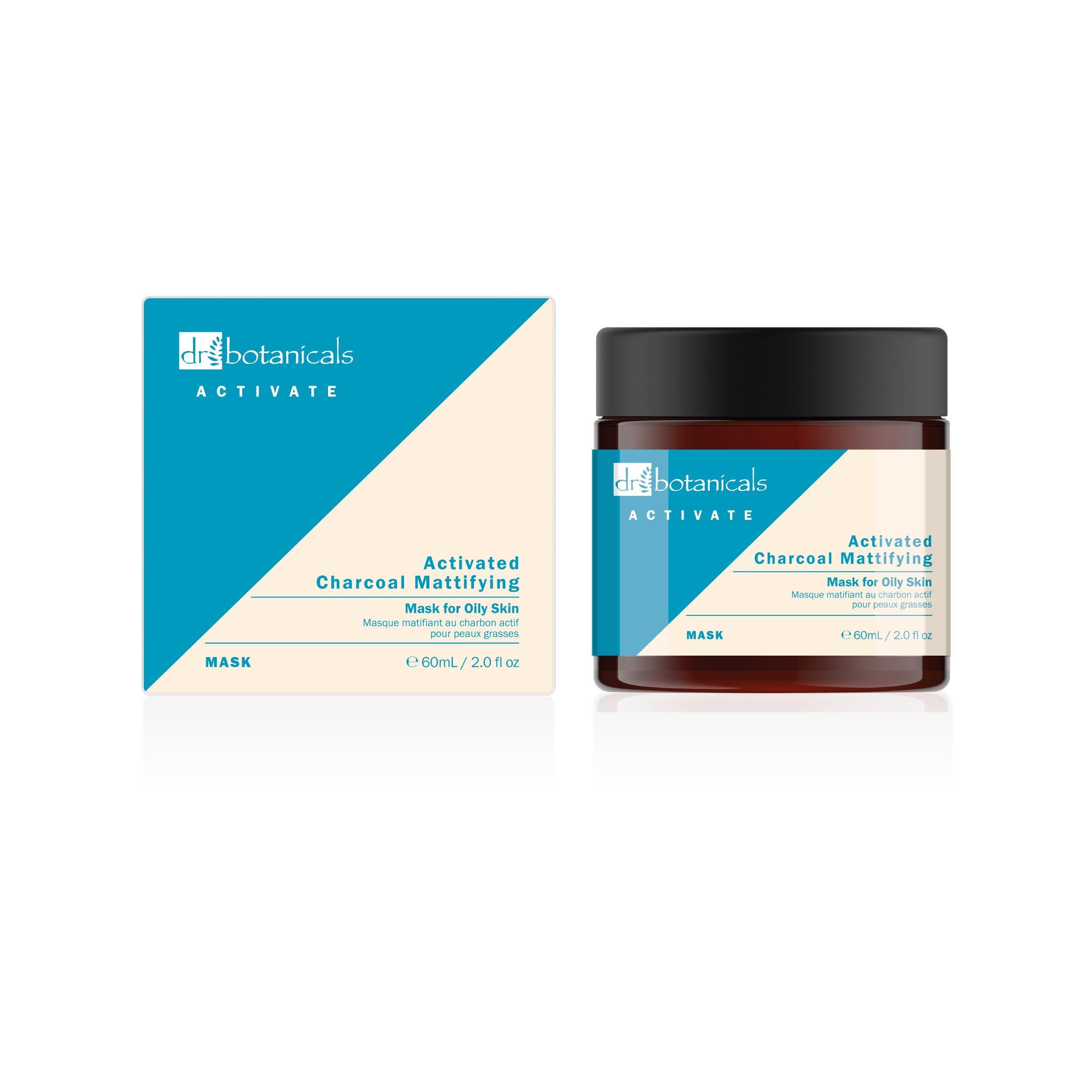 Dr. Botanicals Activate Charcoal Mattifying Mask for Oily Skin, 60ml, in a twin value pack featuring a white box and a brown glass jar with a turquoise label.