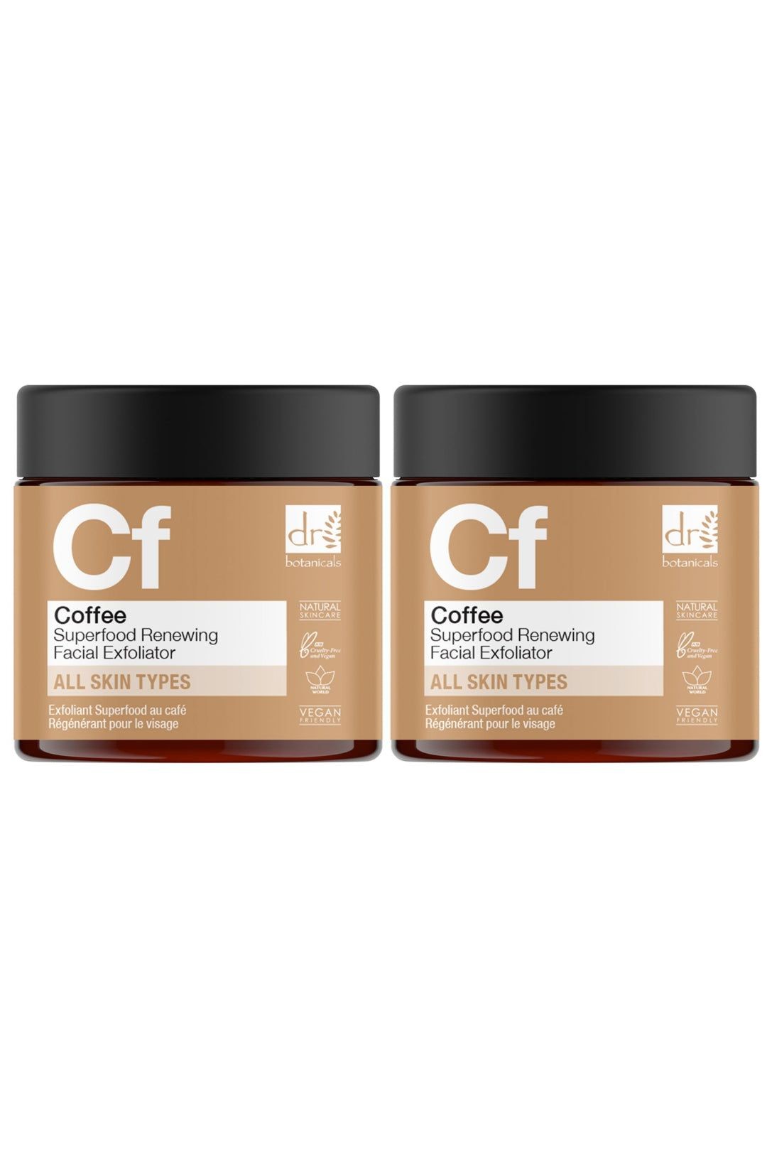 Two jars of Dr. Botanicals Coffee Superfood Renewing Facial Exfoliator, each 60ml, featuring a brown label with white text, packaged in a sleek, transparent container.