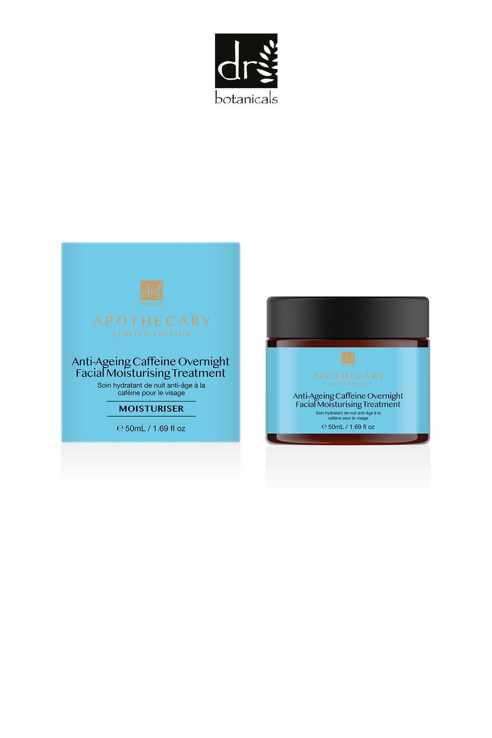 White box with gold accents labeled "Anti-Ageing Caffeine Overnight Facial Moisturising Treatment" next to a dark glass jar featuring the same label, both by Dr Botanicals.