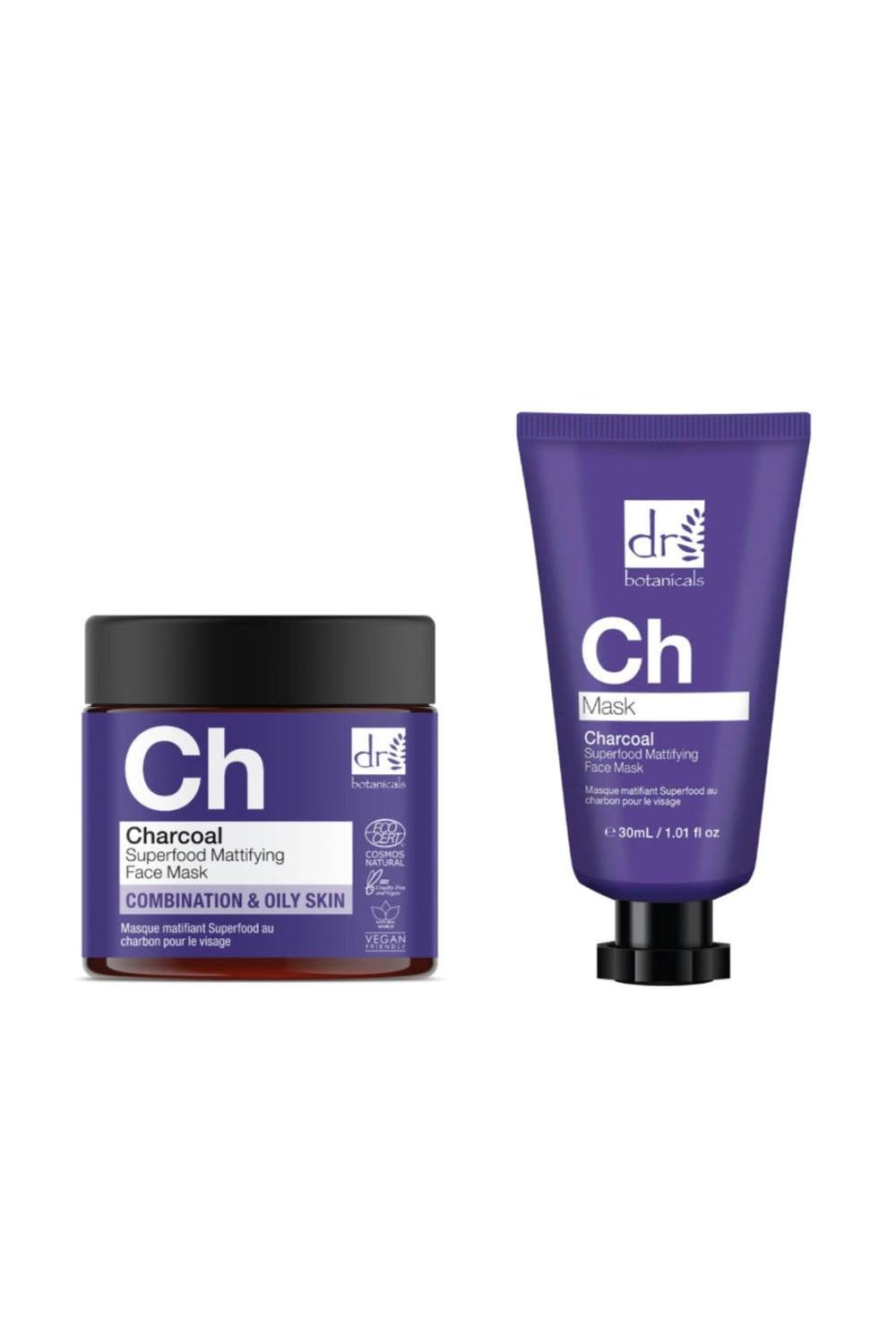 Dr. Botanicals Anti-Ageing Charcoal Superfood Face Mask Duo features a purple tube and a jar, both labeled "Charcoal Superfood Mattifying Face Mask," designed for combination and oily skin.