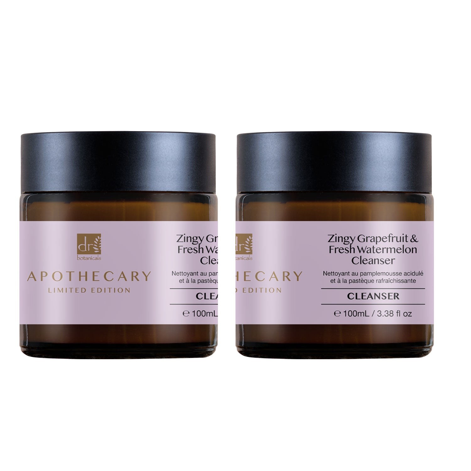 Two amber glass jars of "Zingy Grapefruit & Fresh Watermelon Cleanser" by Dr Botanicals, each 100ml, with a light purple label and black lids, displayed side by side.