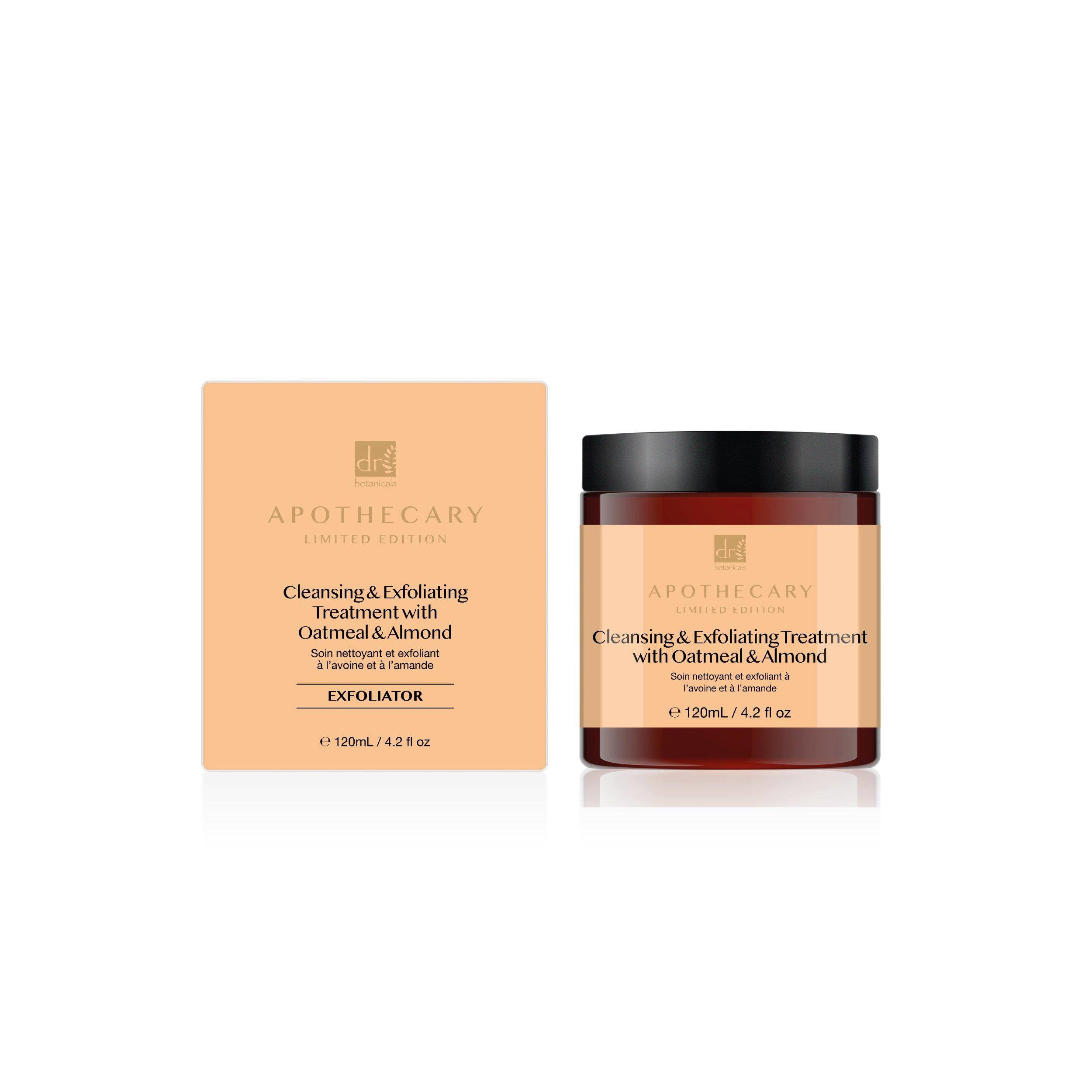 Cleansing and exfoliating treatment in a dark amber glass jar with a black lid, accompanied by a light beige box, both labeled with "Dr. Botanicals" and key ingredients.