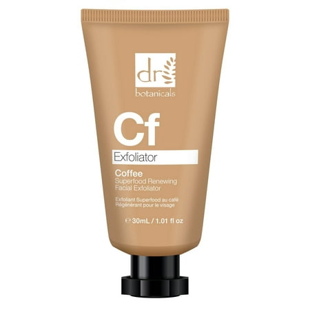 Brown tube with a black cap, labeled "Dr. Botanicals Coffee Superfood Renewing Facial Exfoliator 30ml," featuring a minimalist design and a focus on coffee as a key ingredient.