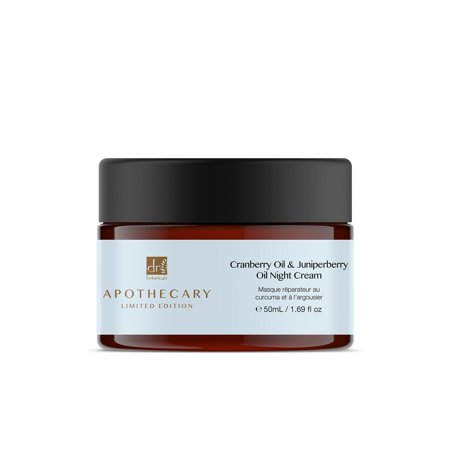A 50ml jar of Dr. Botanicals Cranberry Oil & Juniperberry Oil Night Cream, featuring a dark amber glass container with a light blue label and a white lid.