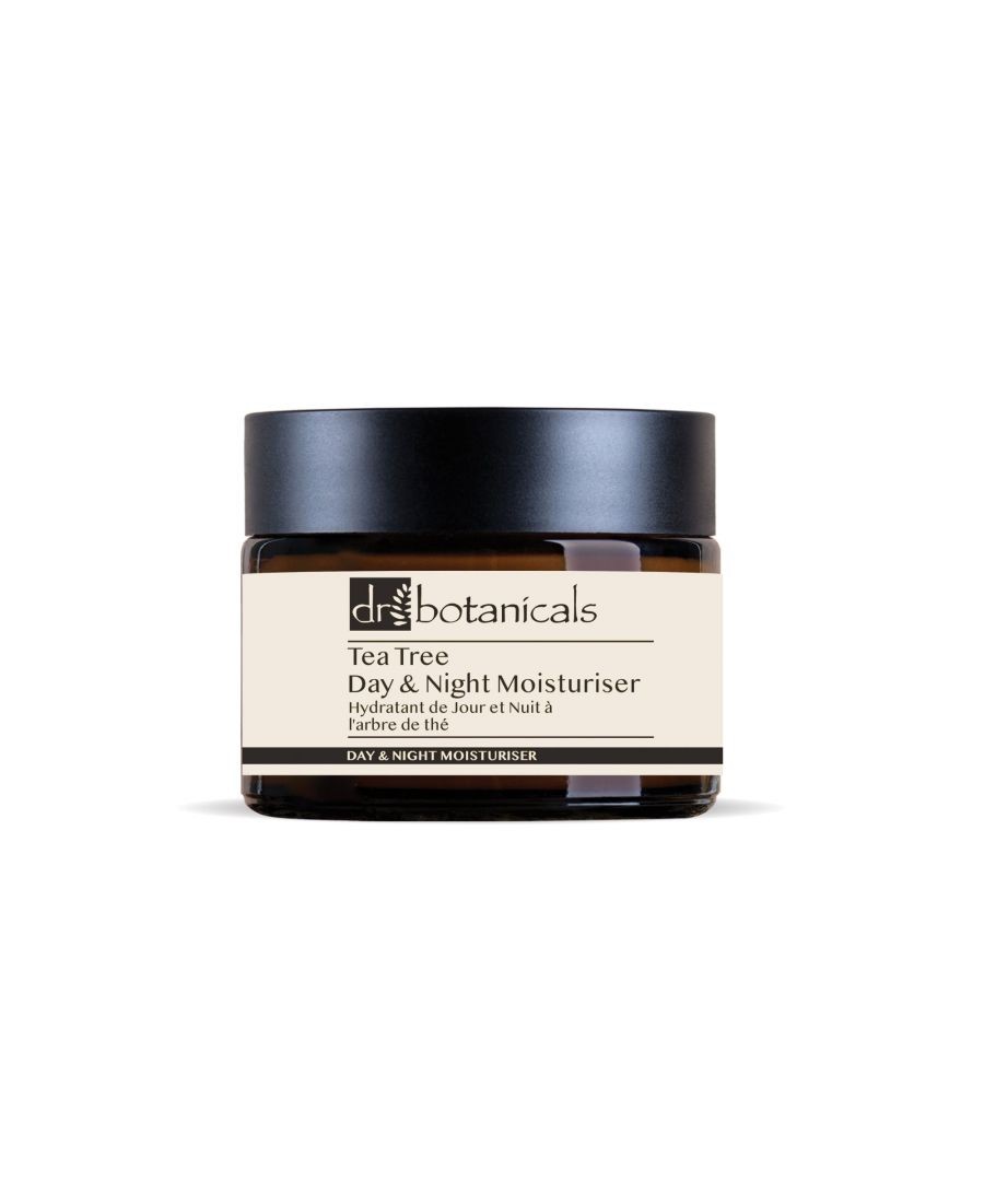 Eucalyptus and Tea Tree Day & Night Moisturiser in a 50ml dark amber jar with a black lid and a cream label featuring product details and branding.