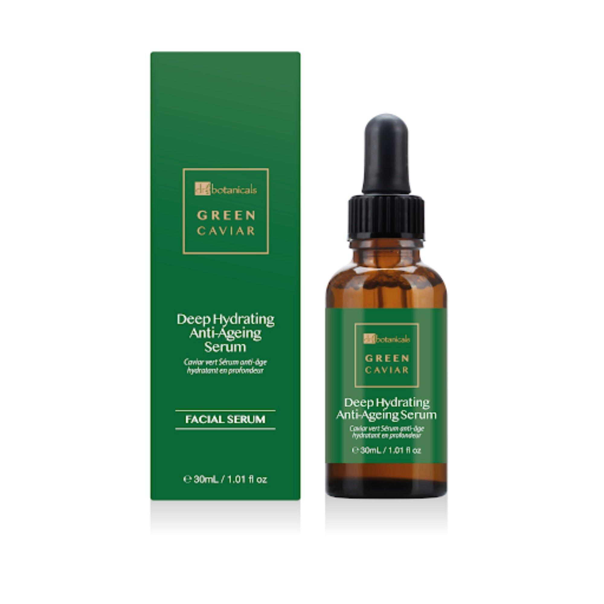 Brown glass dropper bottle with a black lid, containing 30ml of green caviar deep hydrating anti-ageing serum, alongside a green and white box featuring product details.