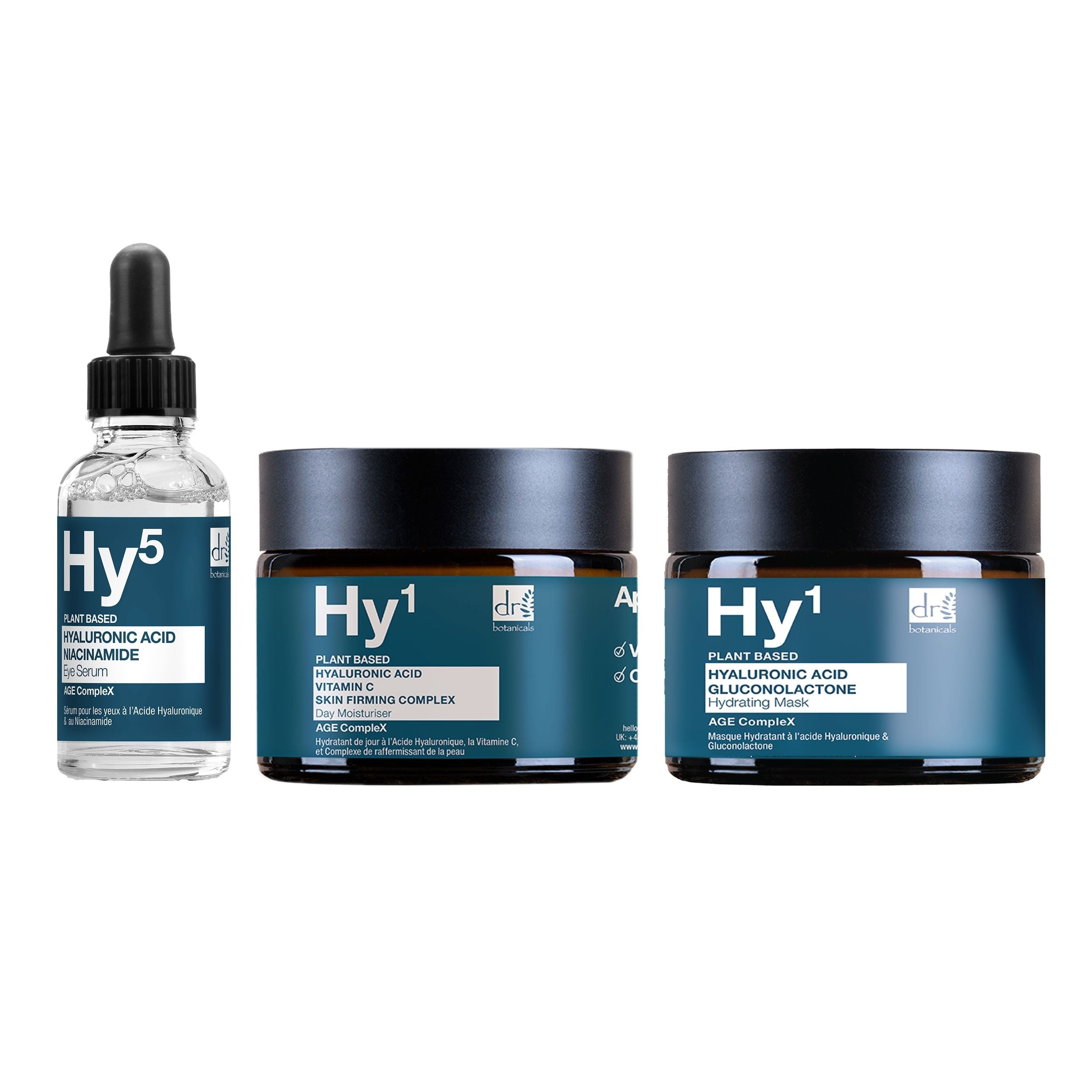 Three Dr. Botanicals products: a dark glass dropper bottle labeled "Hy5" with a pipette, and two dark jars labeled "Hy1" for a day moisturiser and mask, all featuring teal and white accents.