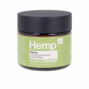 A dark brown glass jar with a black lid, labeled "Hemp Infused Super Natural Enzyme Mask" in green text, designed for dry skin, containing 60ml of product.