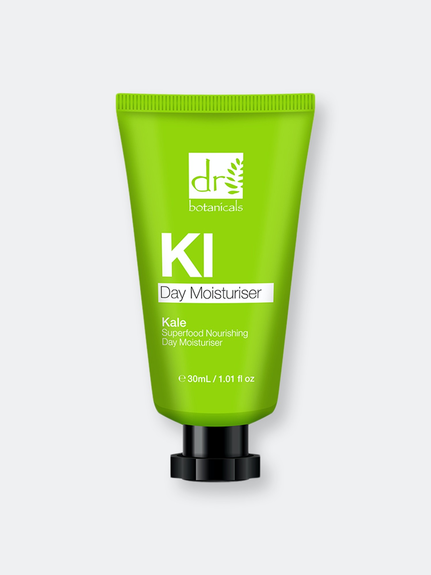 Bright green tube with a black cap, labeled "Dr. Botanicals Kale Superfood Nourishing Day Moisturiser 30Ml," featuring a simple design and bold text.