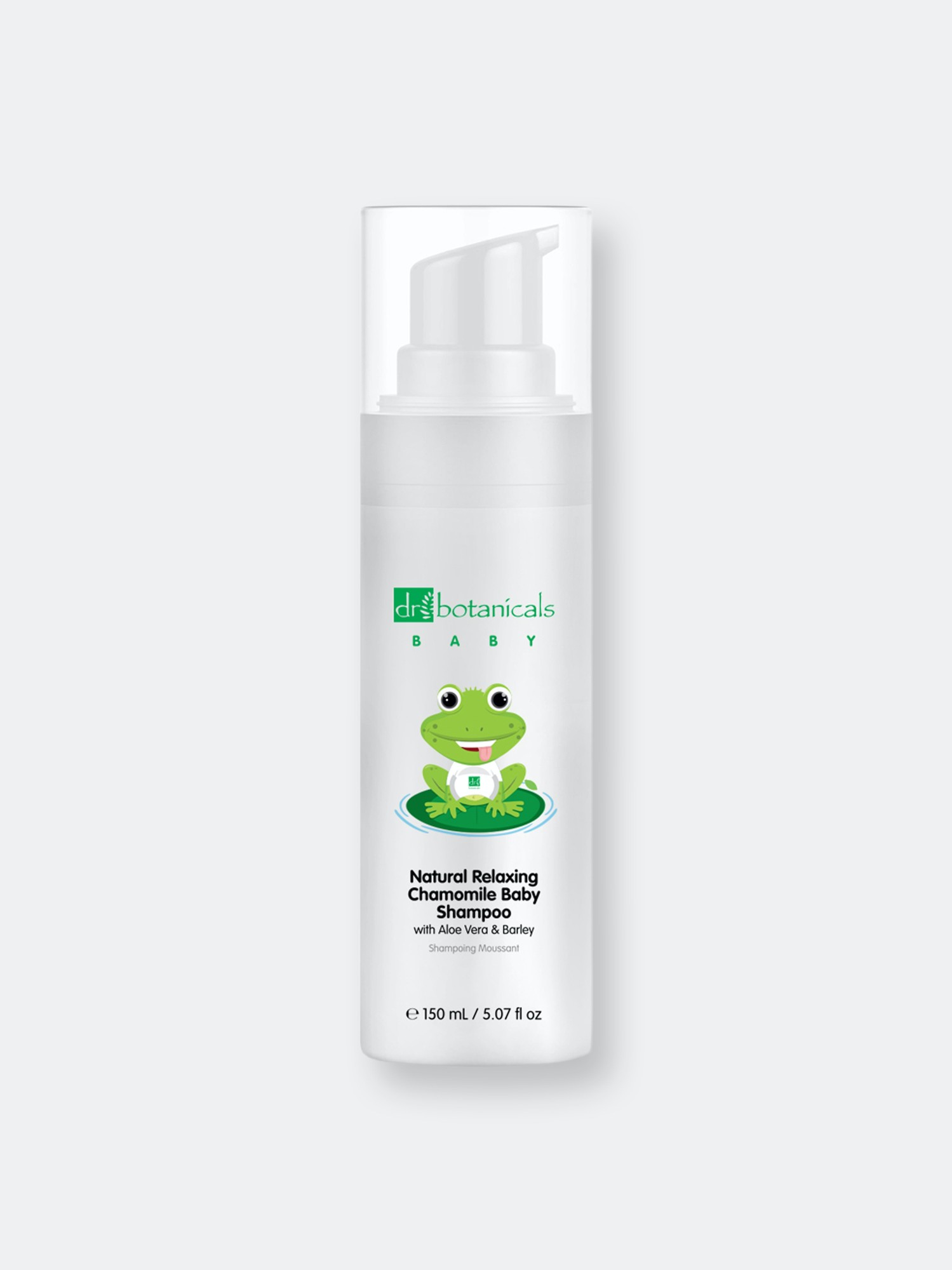 White pump bottle of Dr. Botanicals Natural Relaxing Chamomile Baby Shampoo, featuring a green frog graphic and labeled for babies, with 150ml capacity.