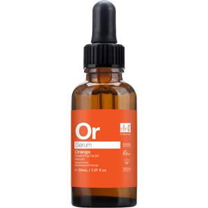 Amber glass bottle with a black dropper cap, featuring a bright orange label that reads "Orange Restoring Facial Serum" and "30ml" in white text.