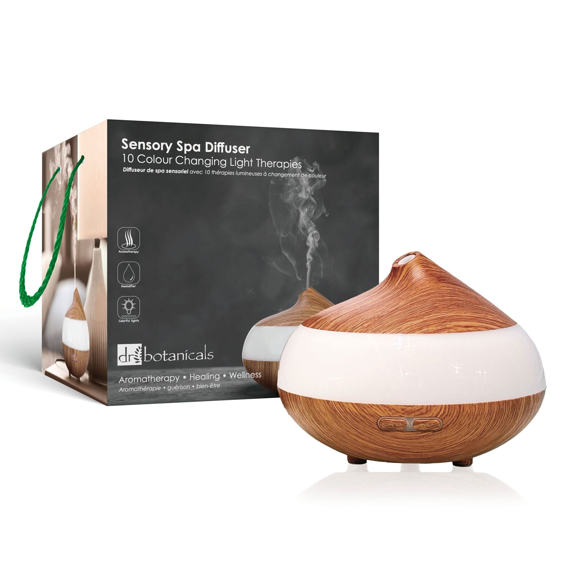 A round, wooden-textured diffuser with a white base, featuring a sleek design, accompanied by a box that highlights its 10 color-changing light therapies.