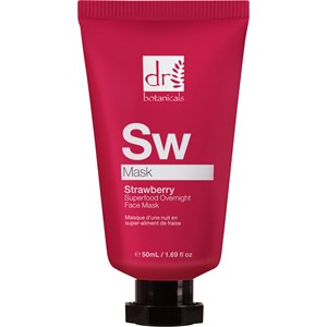 Bright pink tube of Dr. Botanicals Strawberry Overnight Face Mask, 50ml, featuring a white label with "Sw Mask" and product details, set against a plain background.