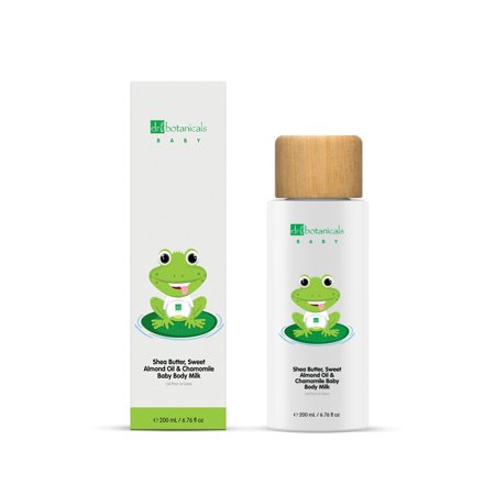 White bottle with a wooden cap, featuring a playful green frog design, alongside a matching box, both labeled "Dr Botanicals Sweet Almond Oil & Chamomile Baby Body Milk - 200ML."