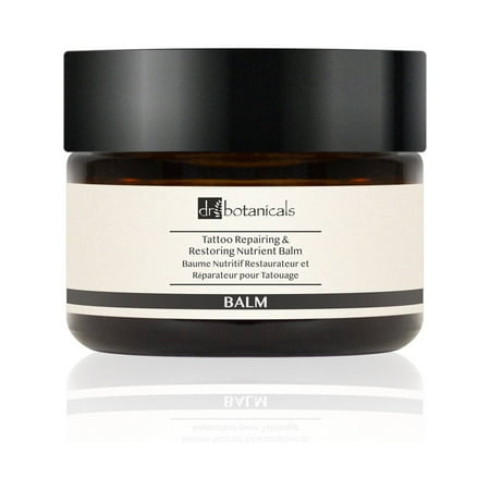 Dr. Botanicals Tattoo Balm in a 50ml dark glass jar with a black lid, featuring a white label detailing its repairing and restoring properties for tattoos.