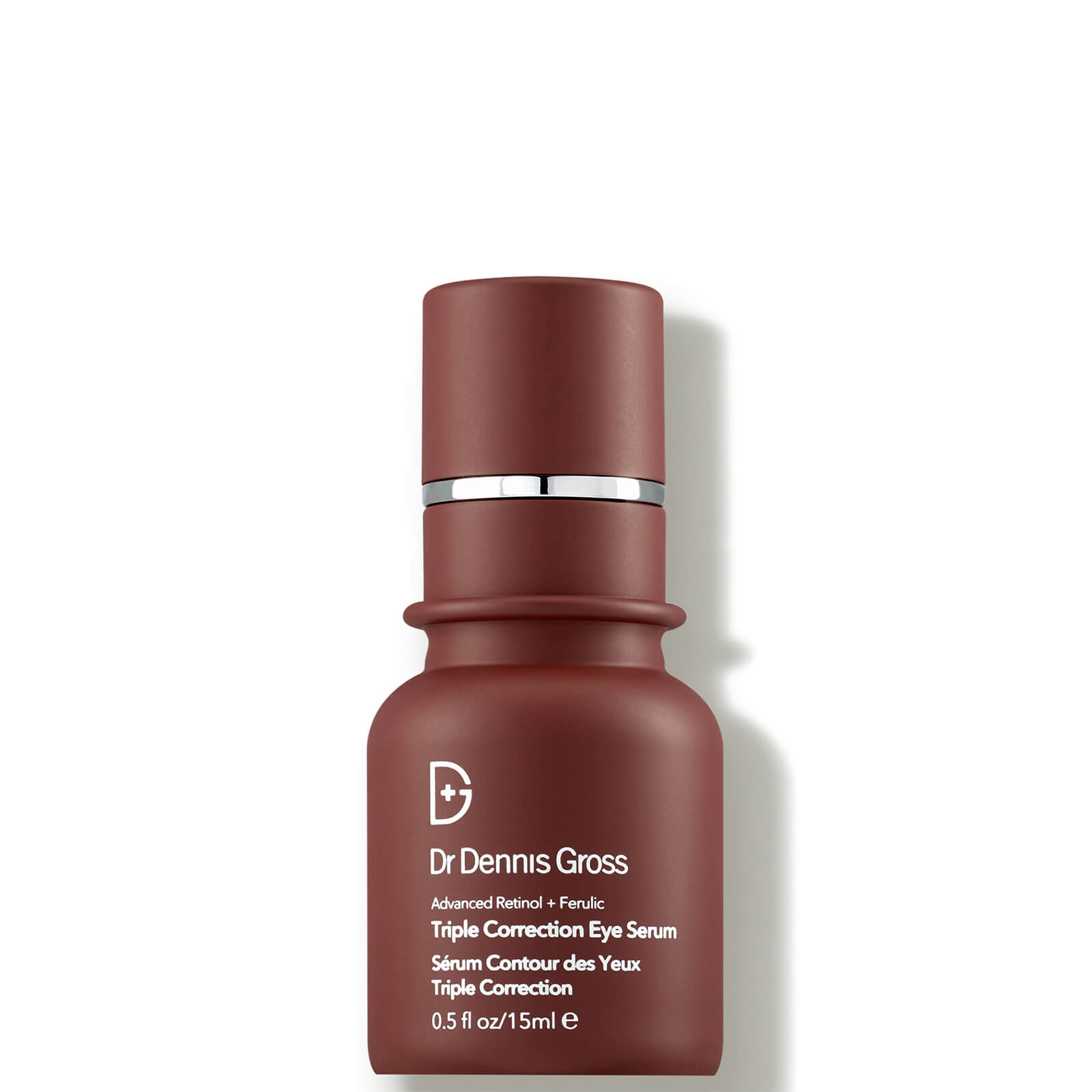 Brown glass bottle with a matte finish, featuring a silver pump top and white text, labeled "Dr Dennis Gross Skincare Advanced Retinol + Ferulic Triple Correction Eye Serum."