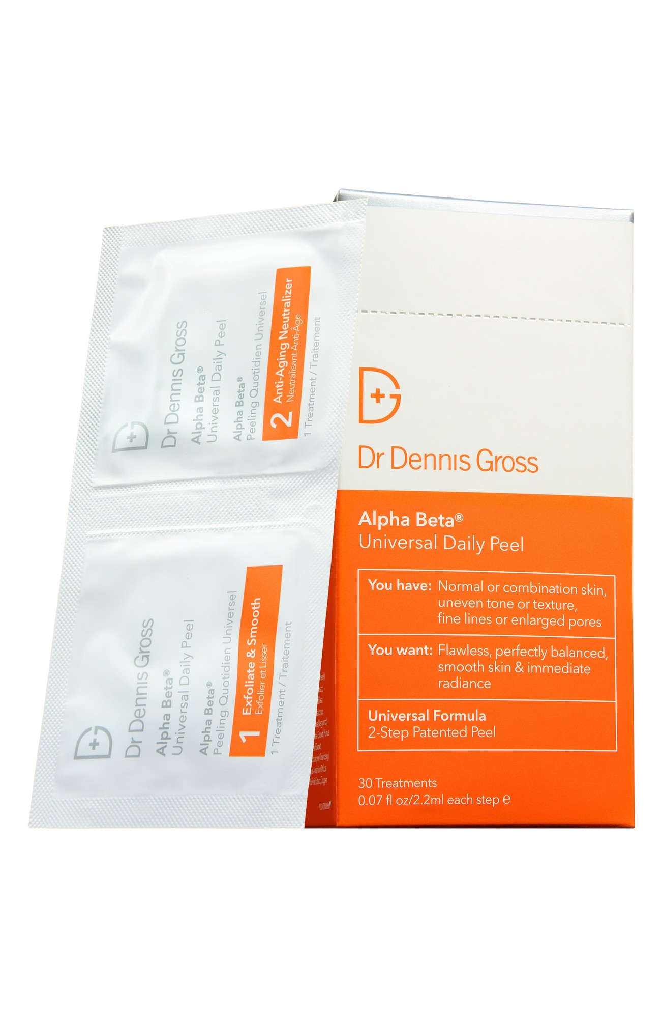 Dr Dennis Gross Alpha Beta Universal Daily Peel box featuring 30 individual treatment packets, each labeled with steps 1 and 2, in a sleek white and orange design.