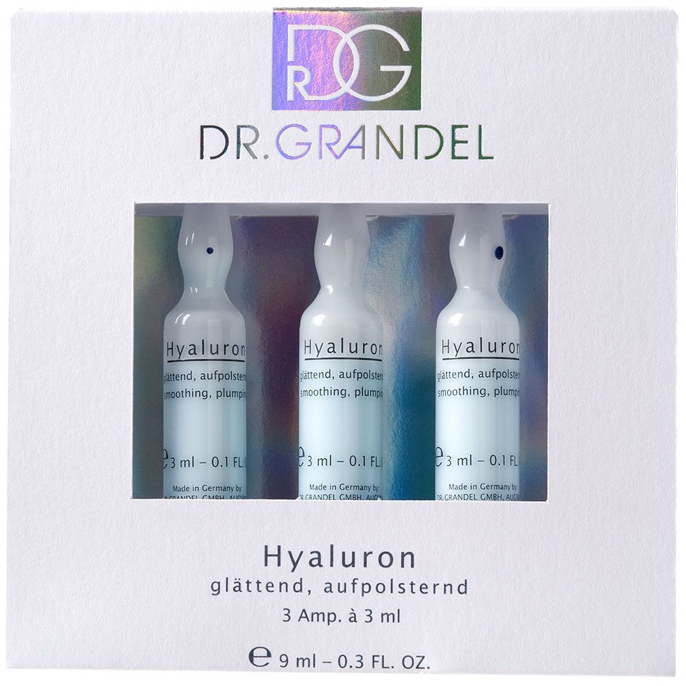 Three clear glass vials of Dr. Grandel Hyaluron Serum, each 3 ml, displayed in a white box with iridescent lettering and a description of the product in German.