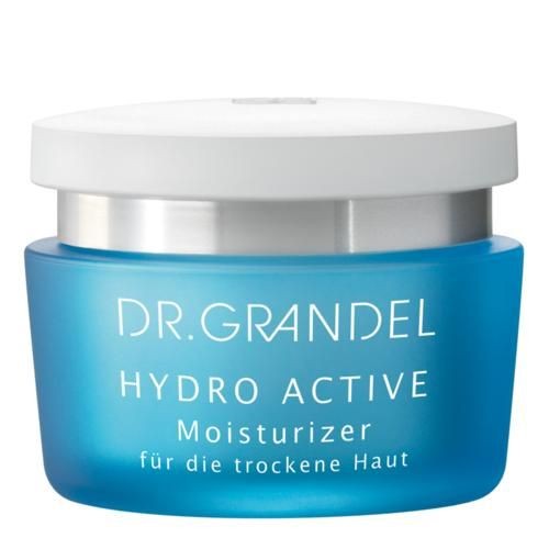 A turquoise glass jar with a white lid, labeled "DR. GRANDEL HYDRO ACTIVE Moisturizer" in white text, designed for dry skin, containing 1.7oz/50ml of product.