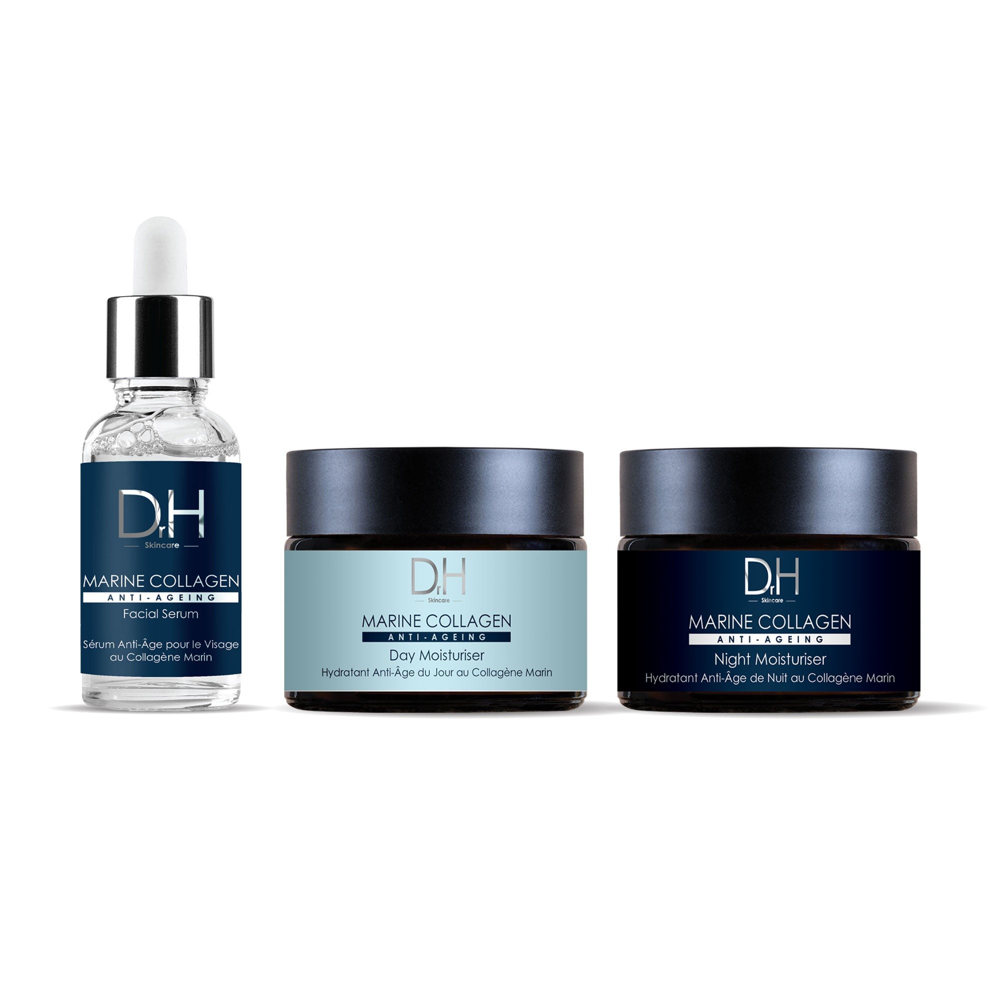 Three skincare products from Dr H: a clear dropper bottle of Marine Collagen Facial Serum, a dark jar of Day Moisturiser, and a matching jar of Night Moisturiser, all featuring elegant branding.