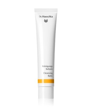 White tube with a yellow stripe at the bottom, labeled "Cleansing Balm" and "Reinigungsbalsam," featuring the Dr. Hauschka logo at the top.