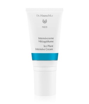 White tube with a blue band, labeled "Dr. HauschkaMed Ice Plant Intensive Cream," 50ml, featuring a simple design and expiration date of July 31, 2026.