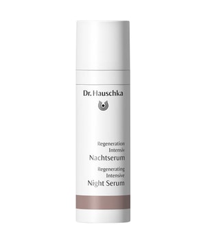 White cylindrical bottle with a pump dispenser, featuring a minimalist design and the Dr. Hauschka logo, labeled "Intensive Regenerating Night Serum" in black and brown.